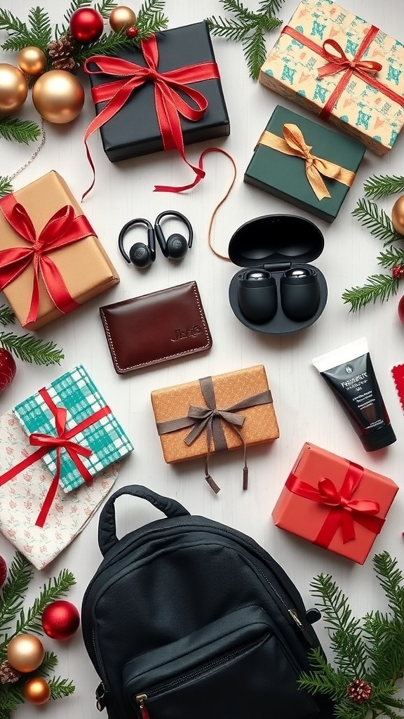 A flat lay of Christmas gifts for a boyfriend including a wallet, earbuds, and grooming kit, decorated with holiday ornaments.